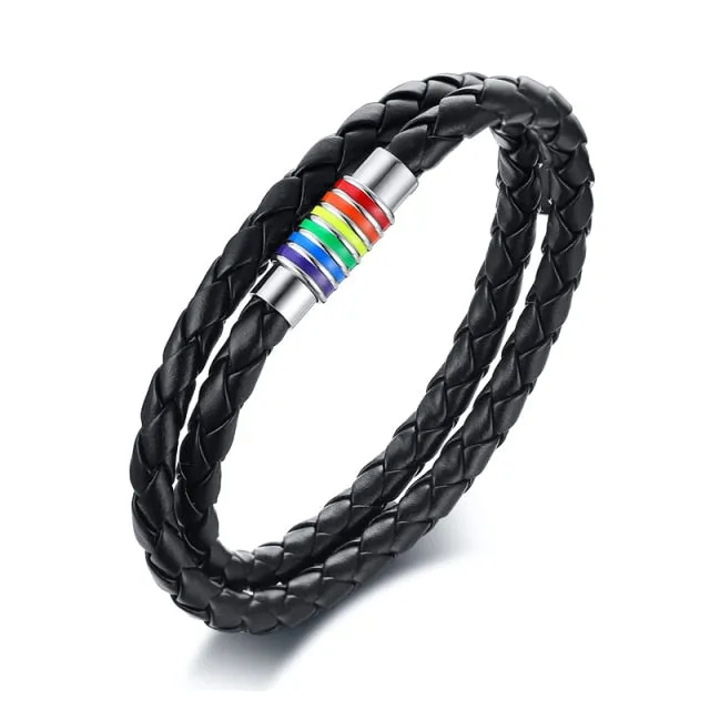 Rainbow Pride Charm Leather Bracelet