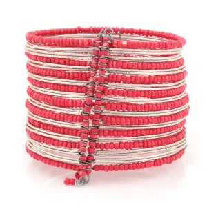 RED SEED BEADS HINGED BRACELETS #BL88084-1 SIL/RED (RH18/B61)