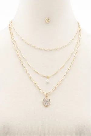 Rhinestone Heart Charm Layered Necklace
