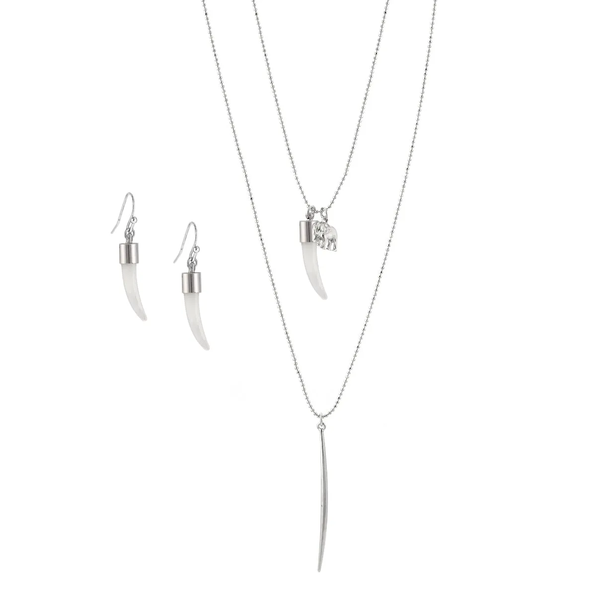 RHODIUM ELEPHANT AND HORN CHARM EARRINGS AND NECKLACES SET#SQ1637RH (ND9)