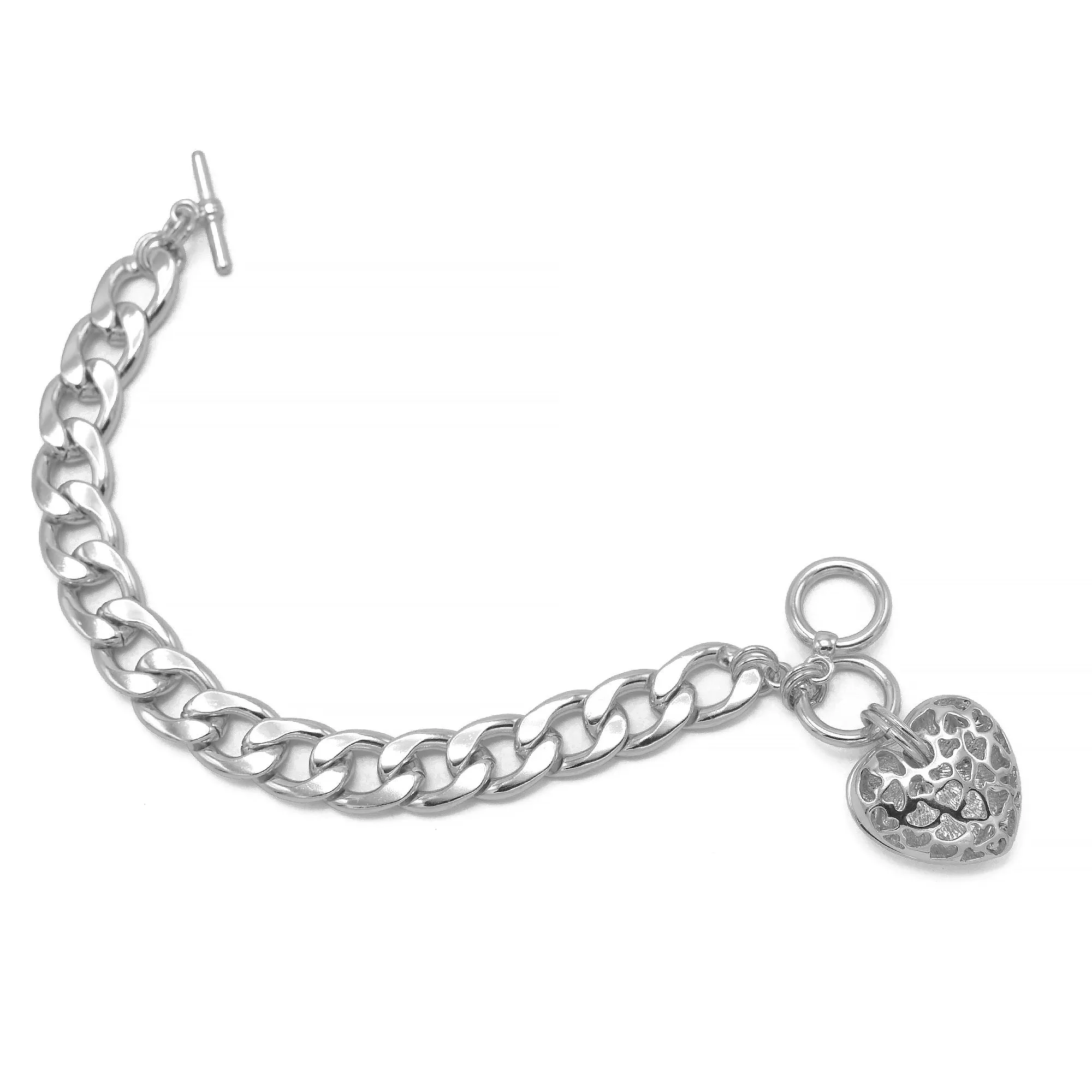 RHODIUM HEART CHARM  CUBAN CHAIN BRACELET #HNB90675RD
