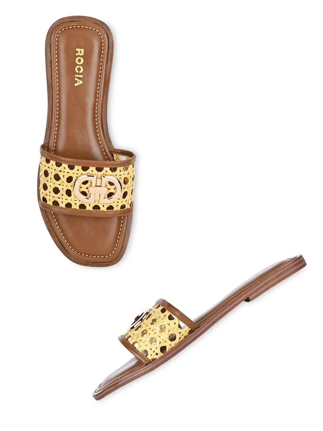 Rocia By Regal Tan Women Cane Buckled Sliders