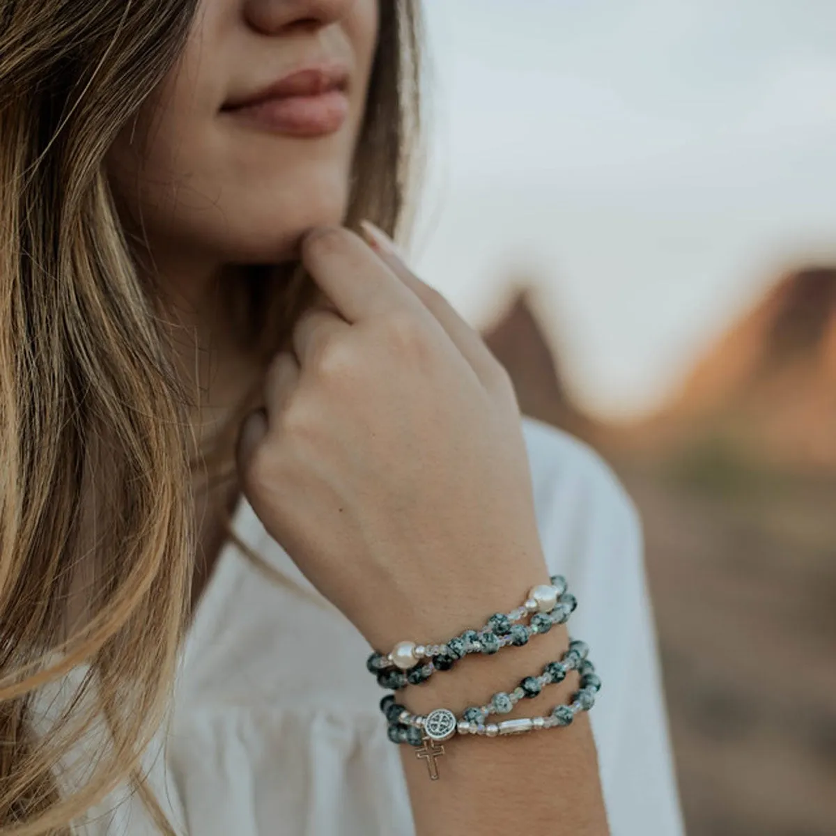 Rosary Wrap Bracelet/Blue Hematite & Pearl