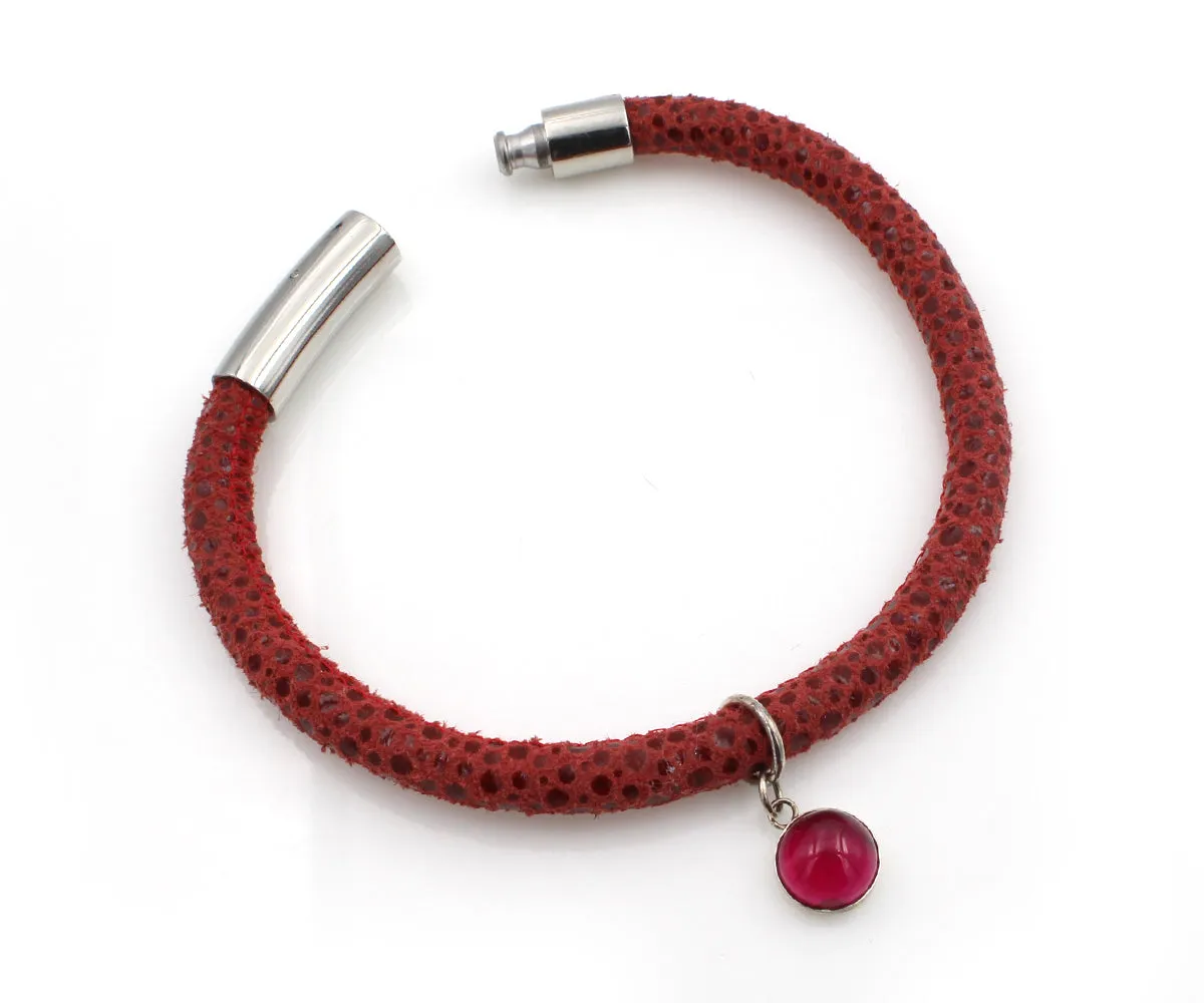 Ruby Gem Charm Leather Bracelet