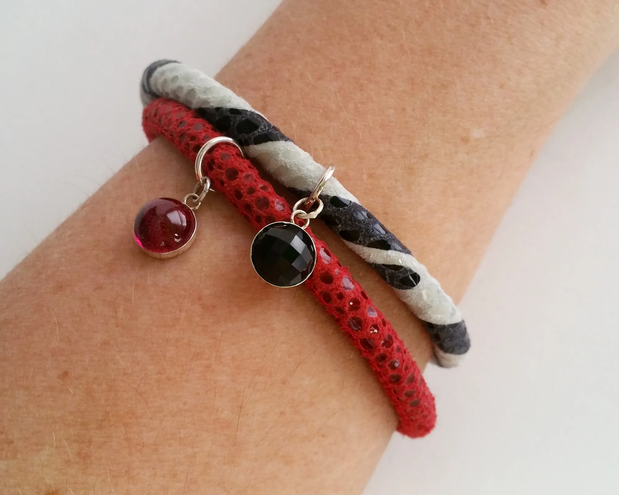 Ruby Gem Charm Leather Bracelet