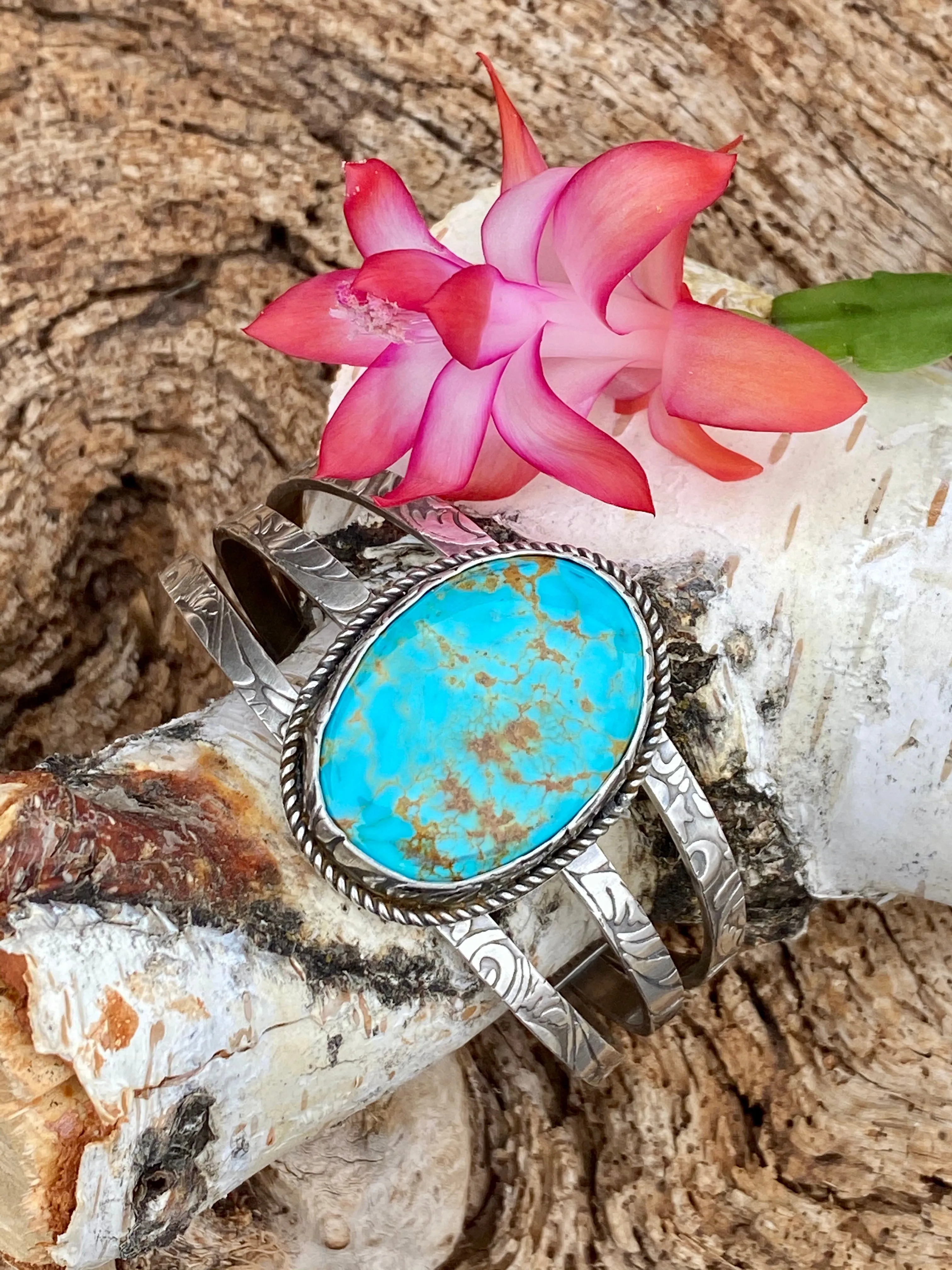 Rustic Boho Floral Kingman Cuff in Sterling Silver statement bracelet
