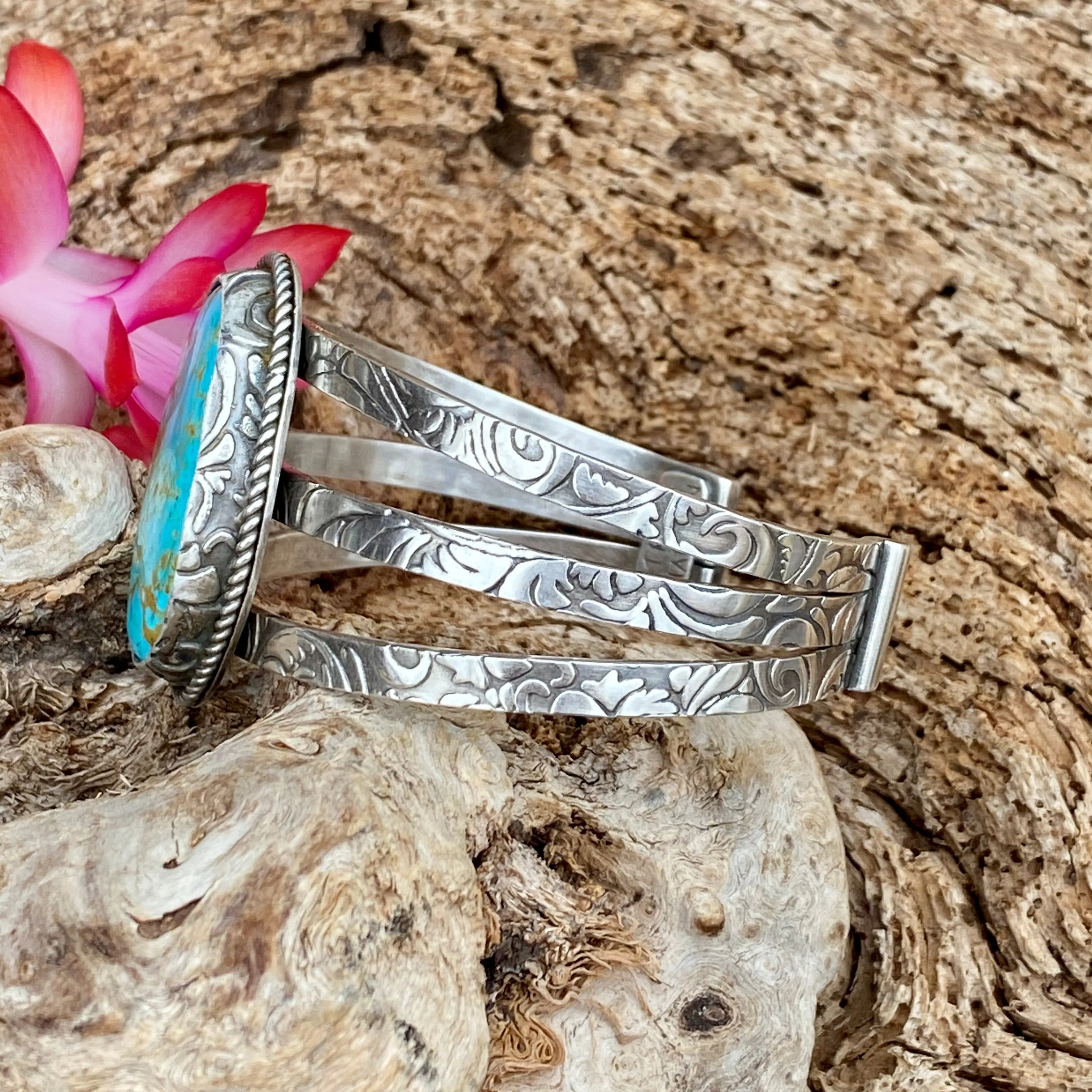 Rustic Boho Floral Kingman Cuff in Sterling Silver statement bracelet