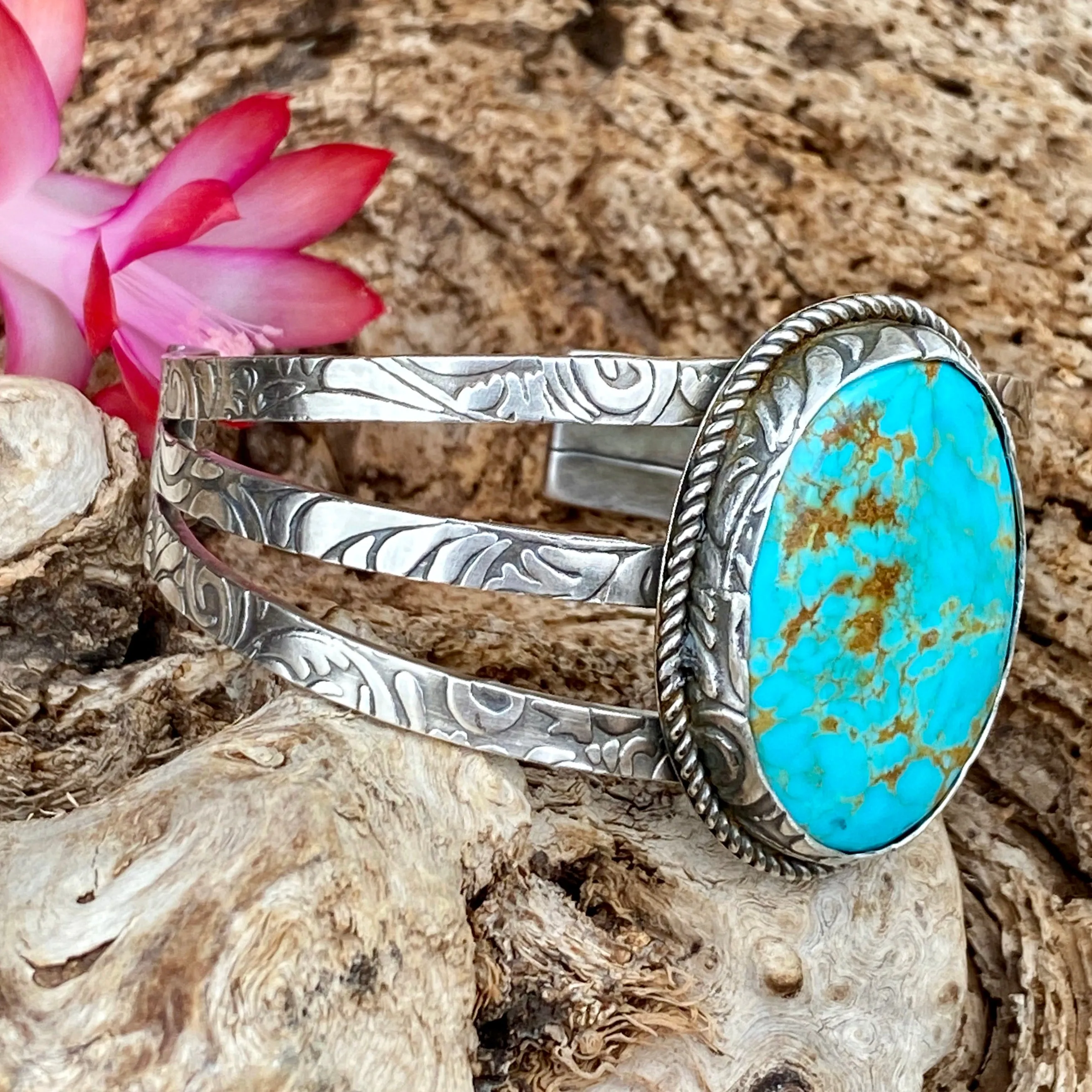 Rustic Boho Floral Kingman Cuff in Sterling Silver statement bracelet