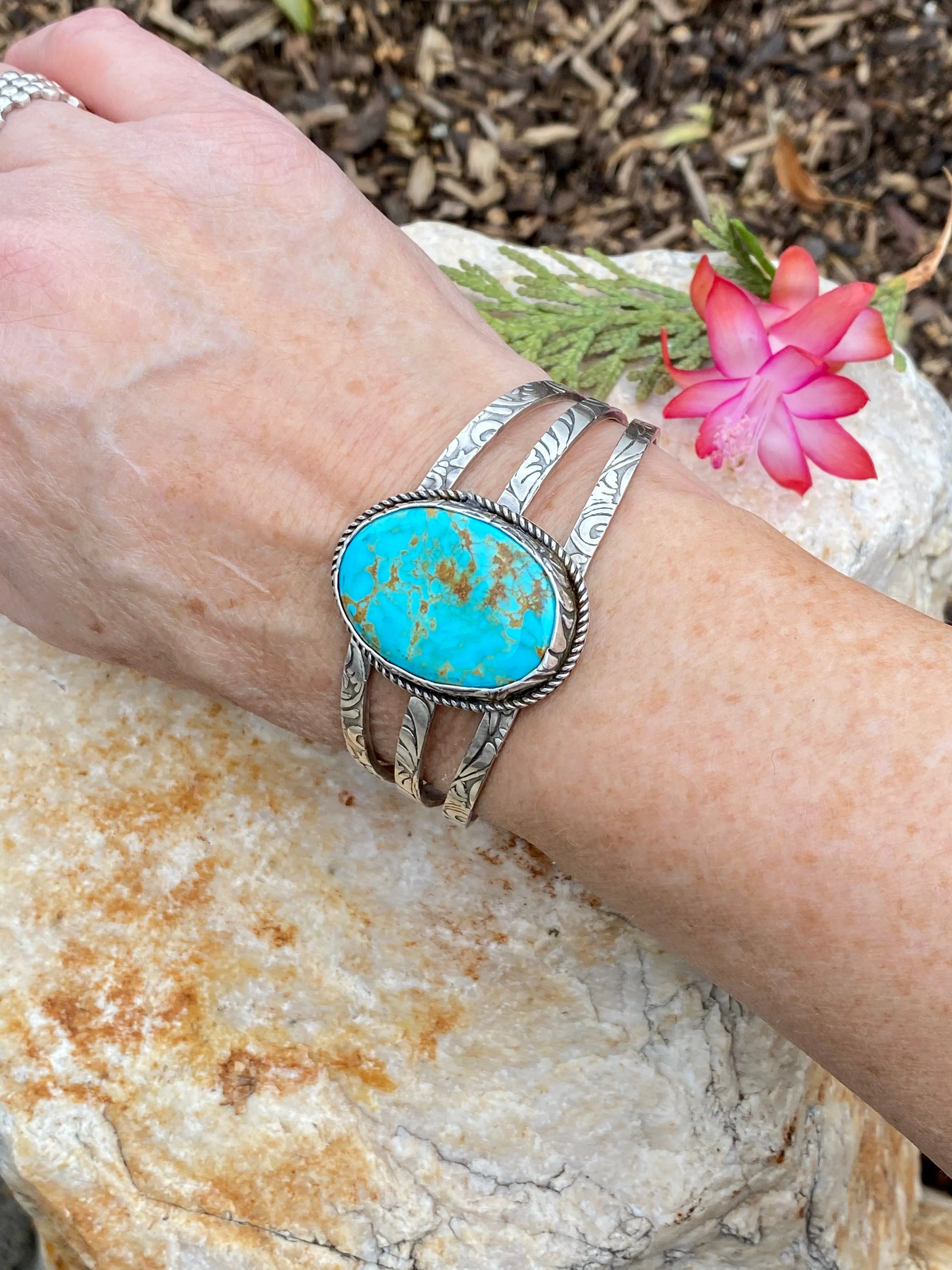 Rustic Boho Floral Kingman Cuff in Sterling Silver statement bracelet