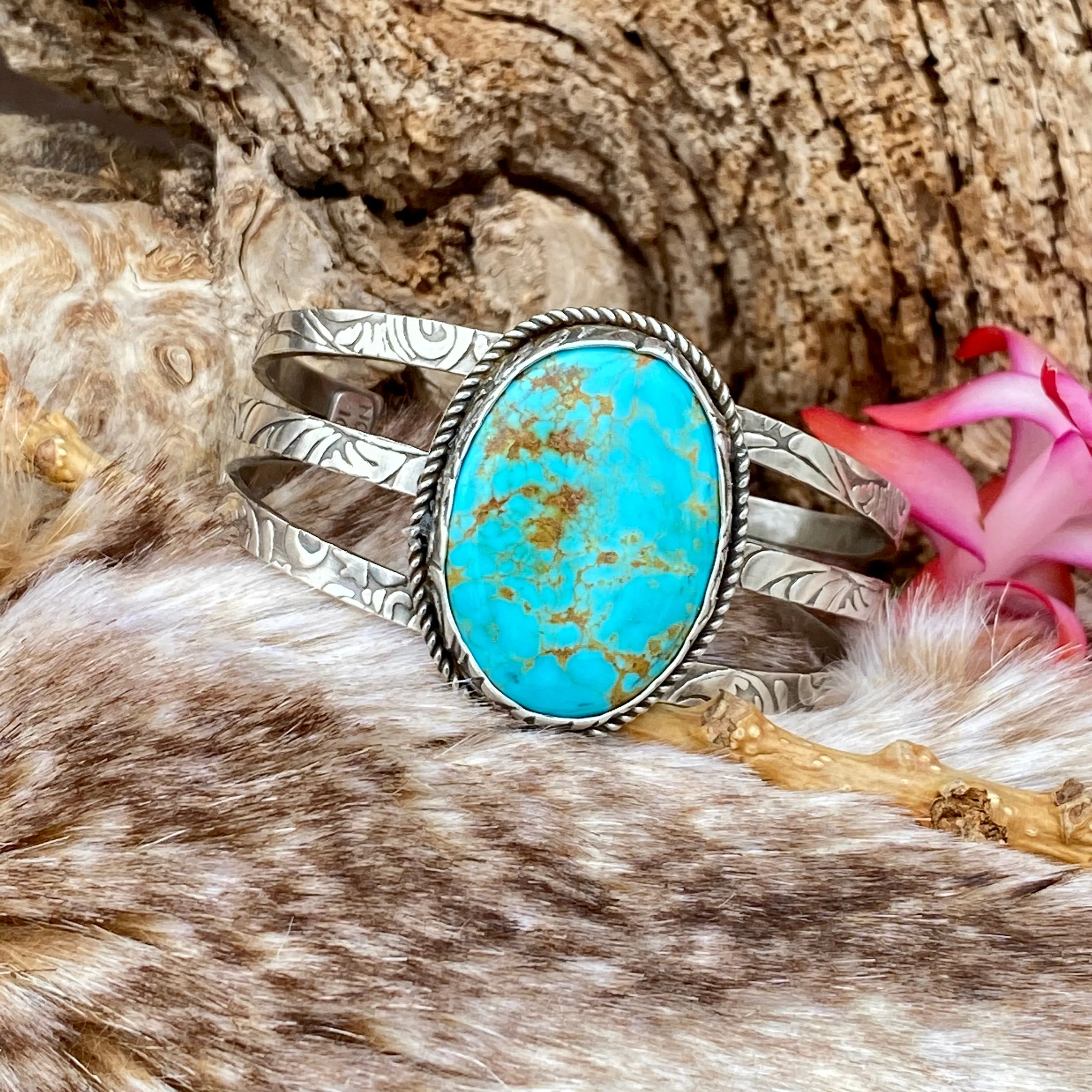 Rustic Boho Floral Kingman Cuff in Sterling Silver statement bracelet