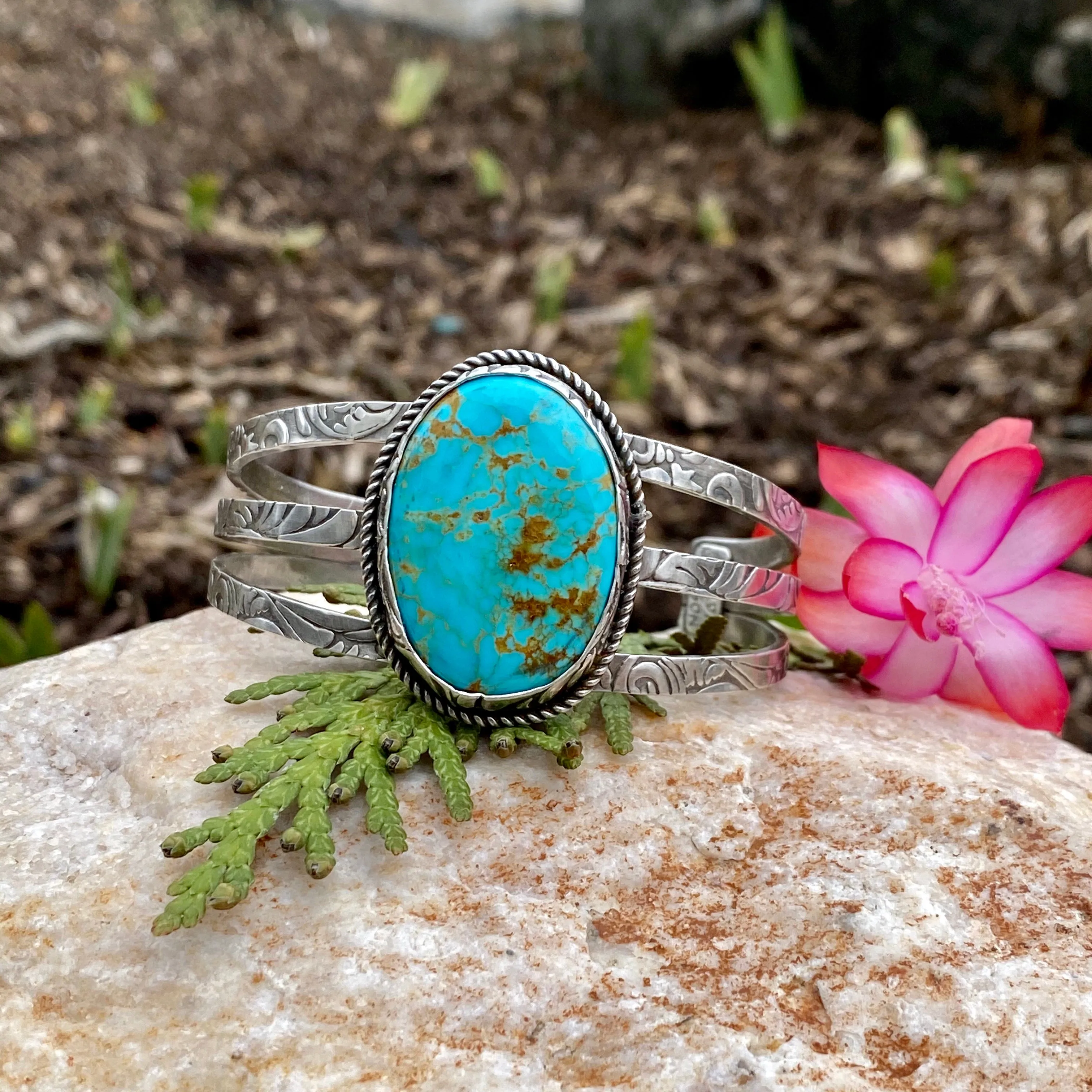 Rustic Boho Floral Kingman Cuff in Sterling Silver statement bracelet