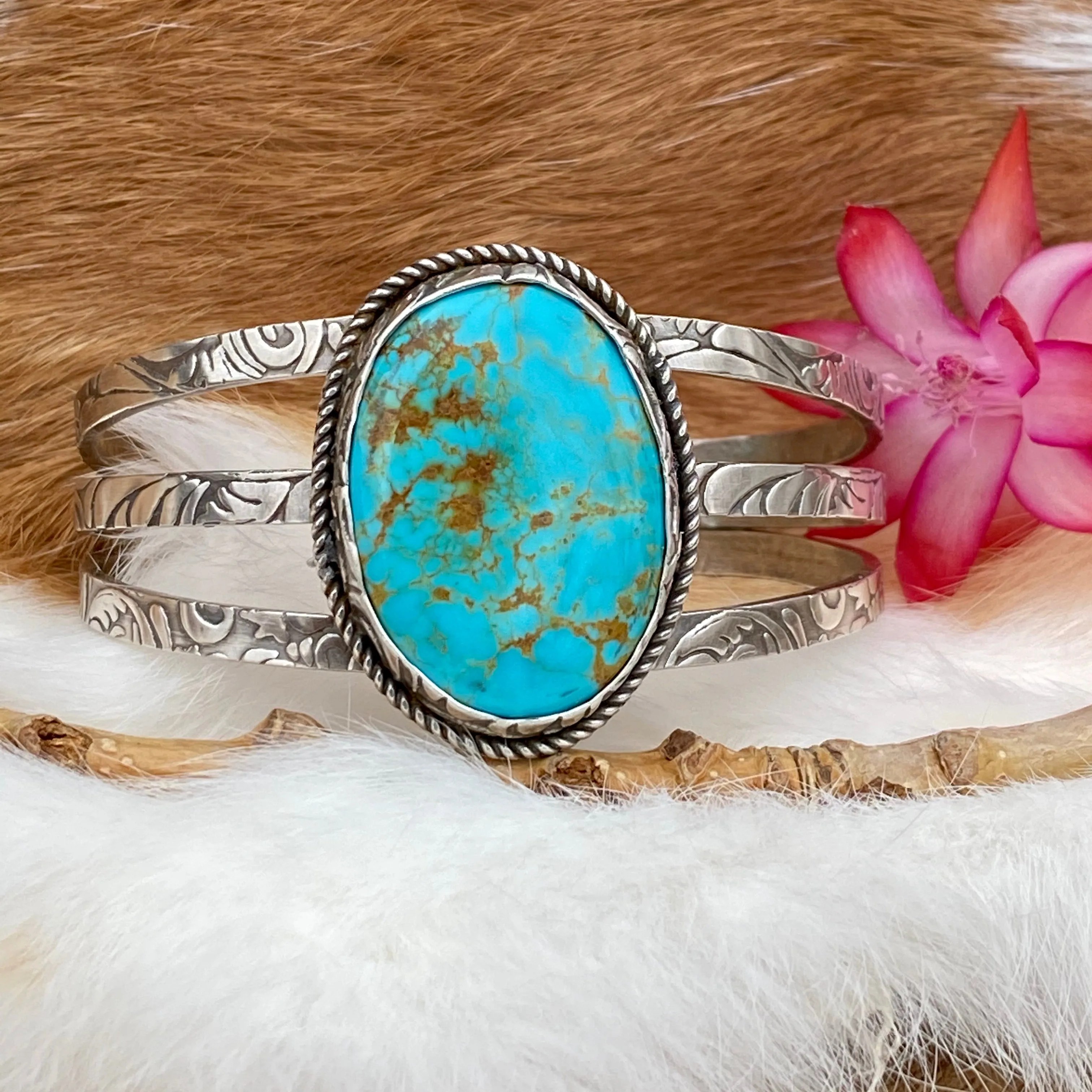 Rustic Boho Floral Kingman Cuff in Sterling Silver statement bracelet