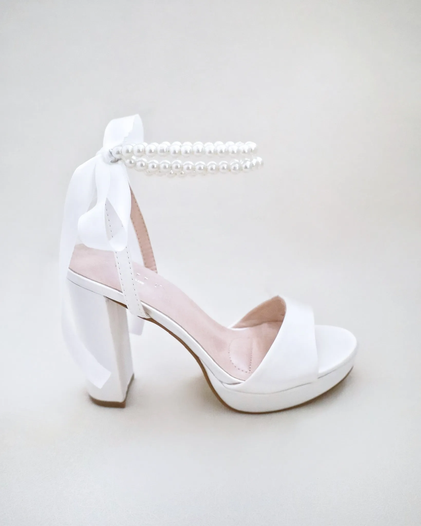 Satin Platform Block Heel Wedding Sandals with Double Pearls Ankle Strap