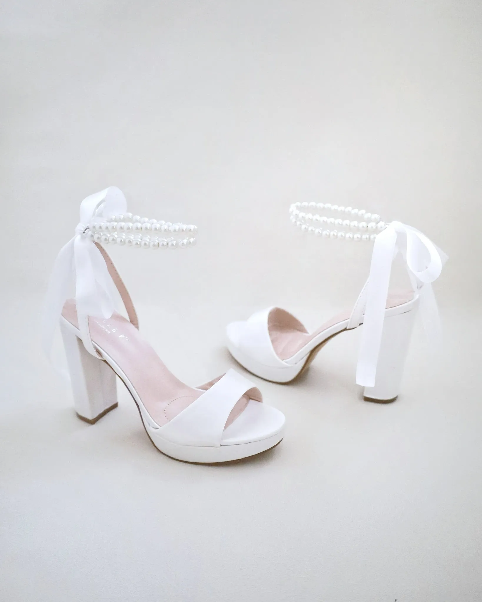 Satin Platform Block Heel Wedding Sandals with Double Pearls Ankle Strap