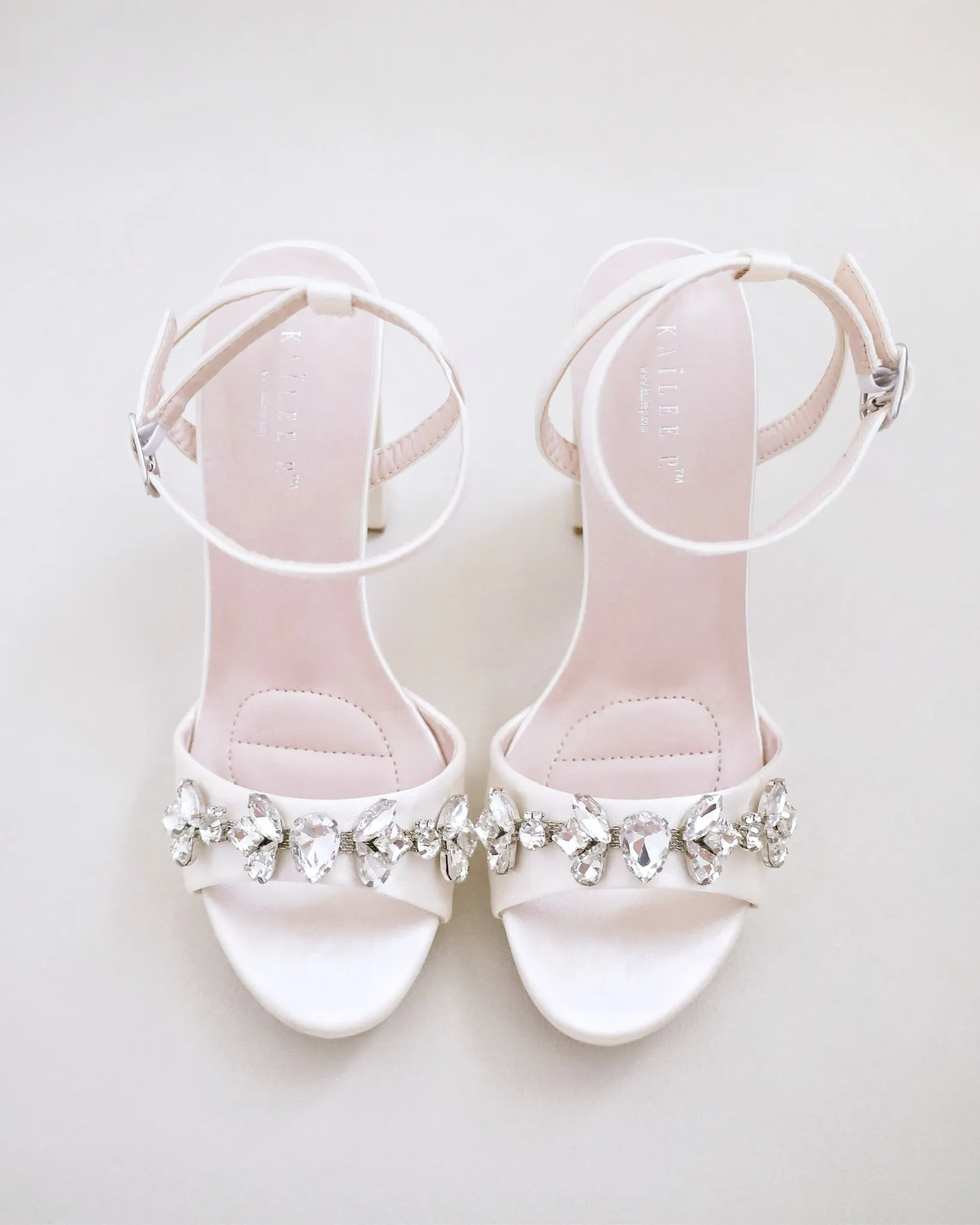 Satin Platform Block Heel Wedding Sandals with Navette Rhinestones