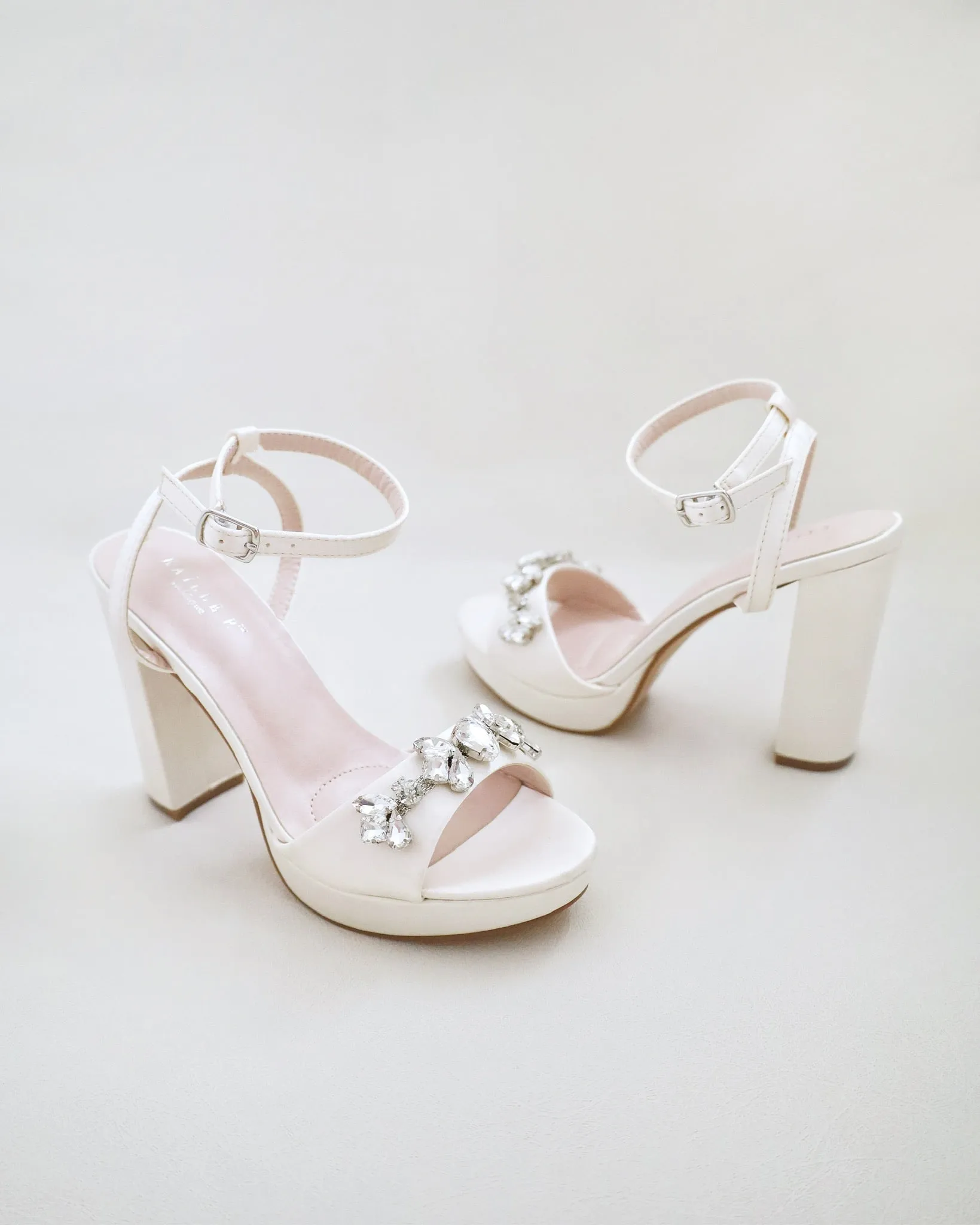 Satin Platform Block Heel Wedding Sandals with Navette Rhinestones