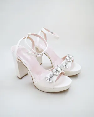 Satin Platform Block Heel Wedding Sandals with Navette Rhinestones