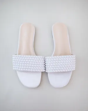 Satin Slip on Sandals with Allover Pearls