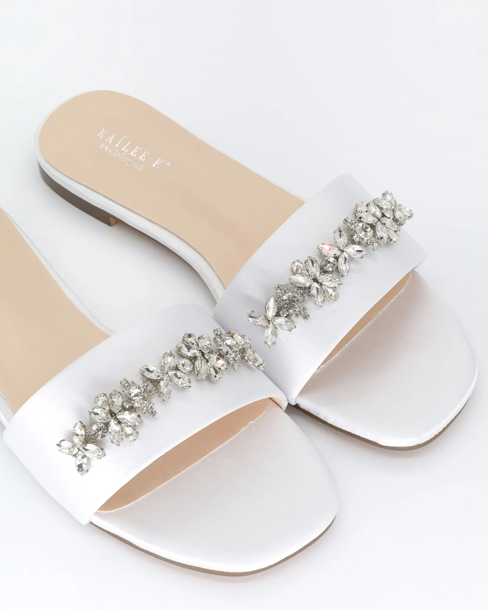 Satin Slip on Sandals with with Floral Rhinestones