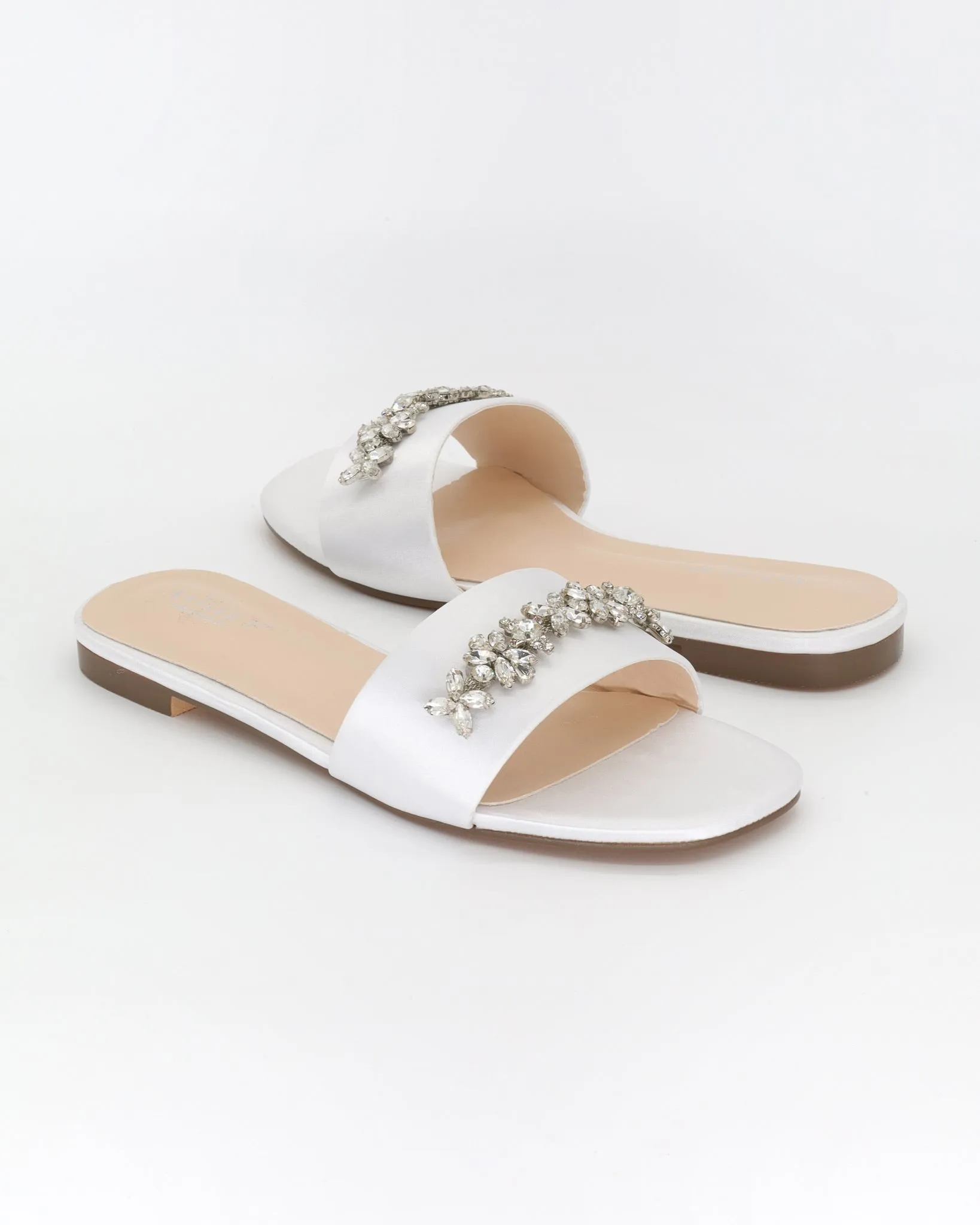 Satin Slip on Sandals with with Floral Rhinestones