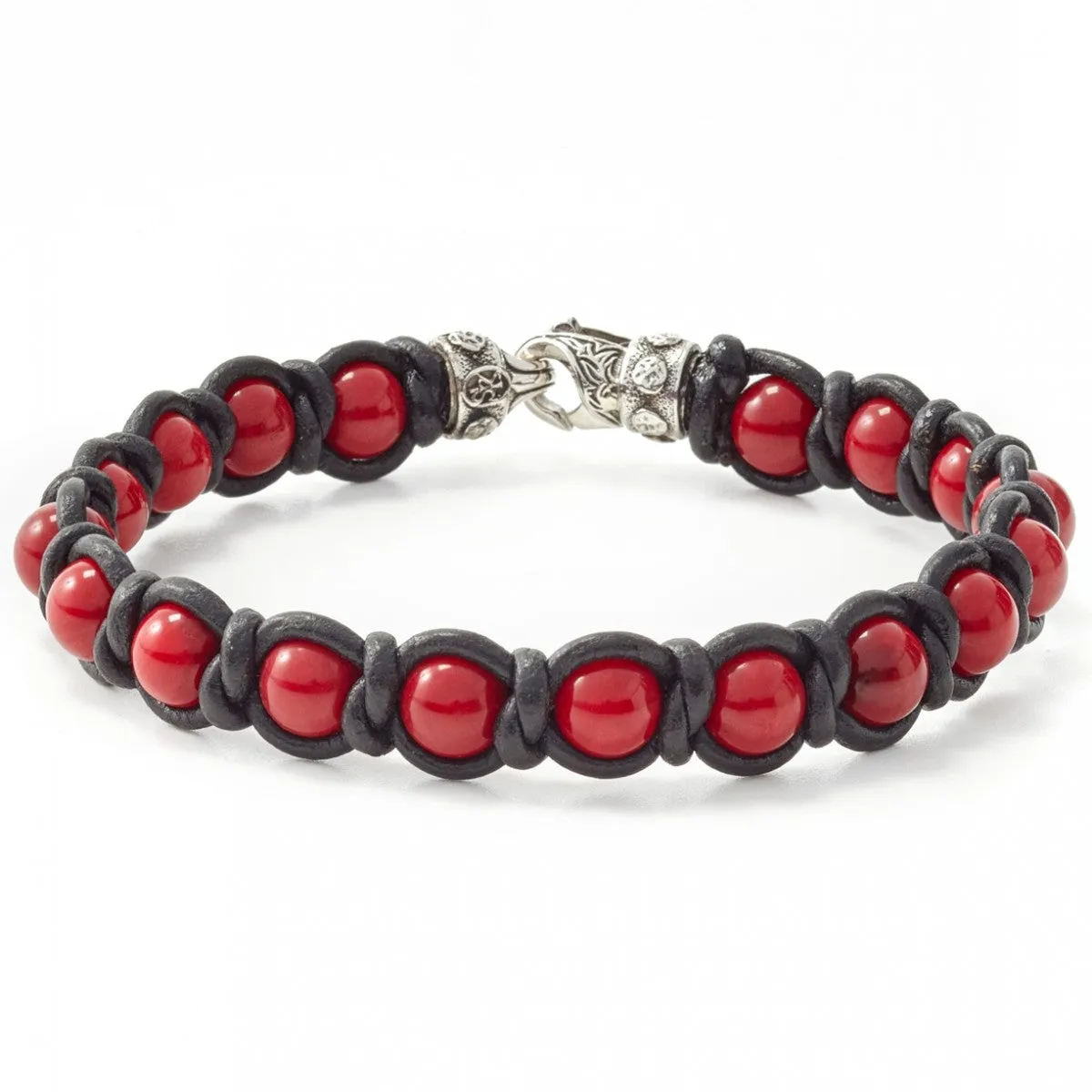 Scott Kay Red Shell Pearl and Leather Bracelet with Sterling Silver Lobster Clasp