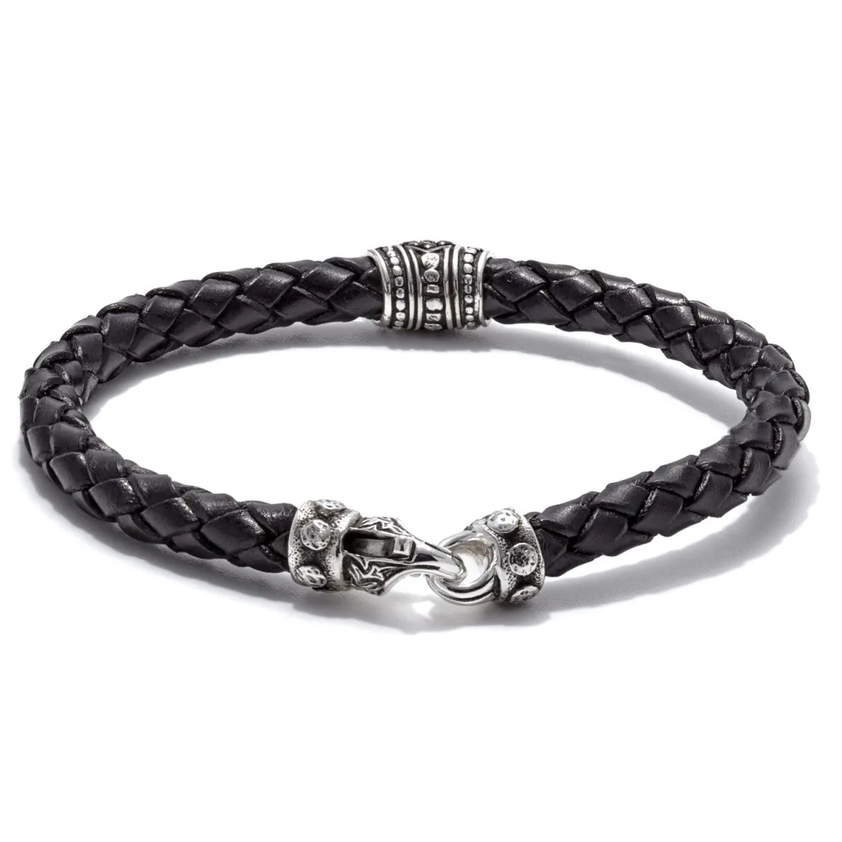 Scott Kay Sparta Collection Black Leather Bracelet, Pave Station Sterling Silver with Black Sapphire 6mm, size 8.5 inches