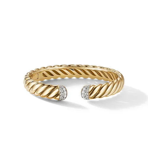 Sculpted Cable Cuff Bracelet in 18K Yellow Gold with Pavé Diamonds, Size Medium