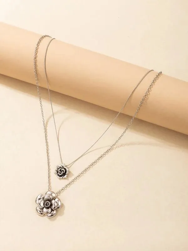 Silver Floral Layered Necklace