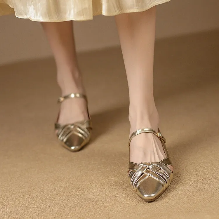 Silver Gold Woven Quarter Strap Flats #001102