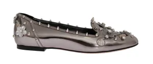 Silver Leather Studded Crystal Loafer