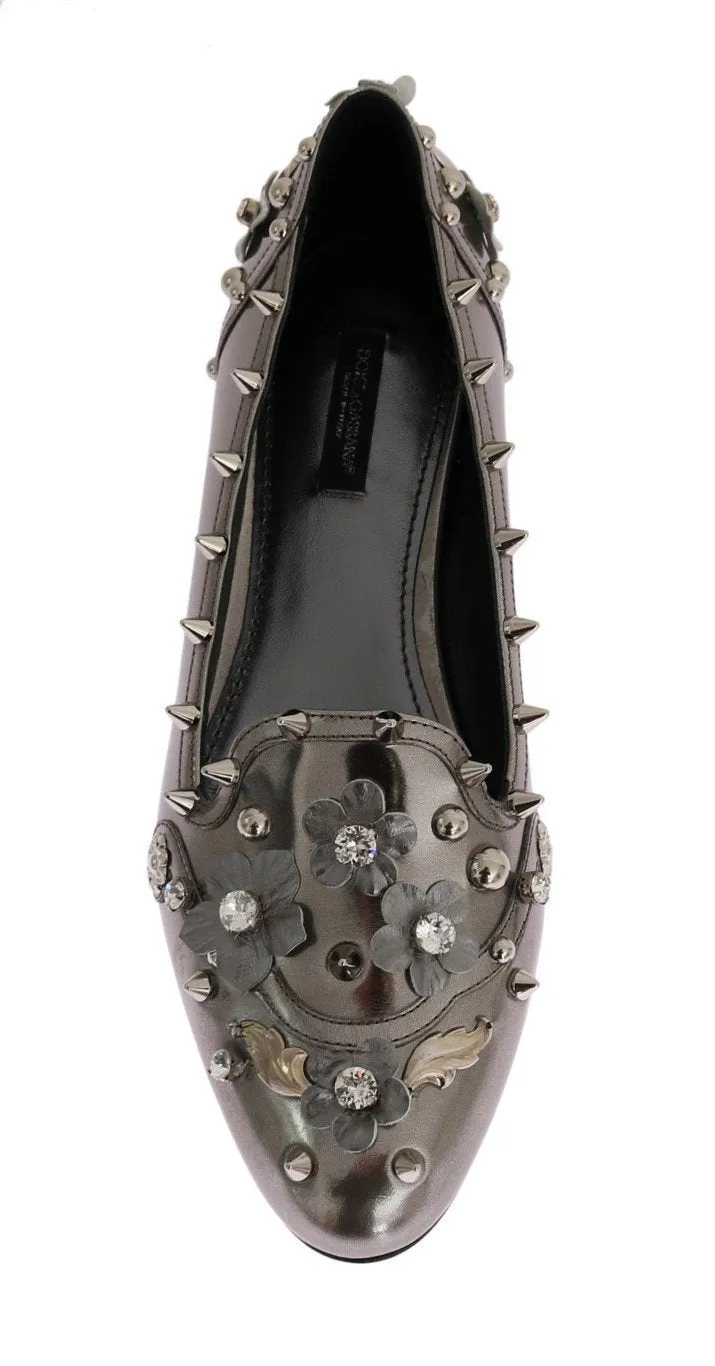 Silver Leather Studded Crystal Loafer