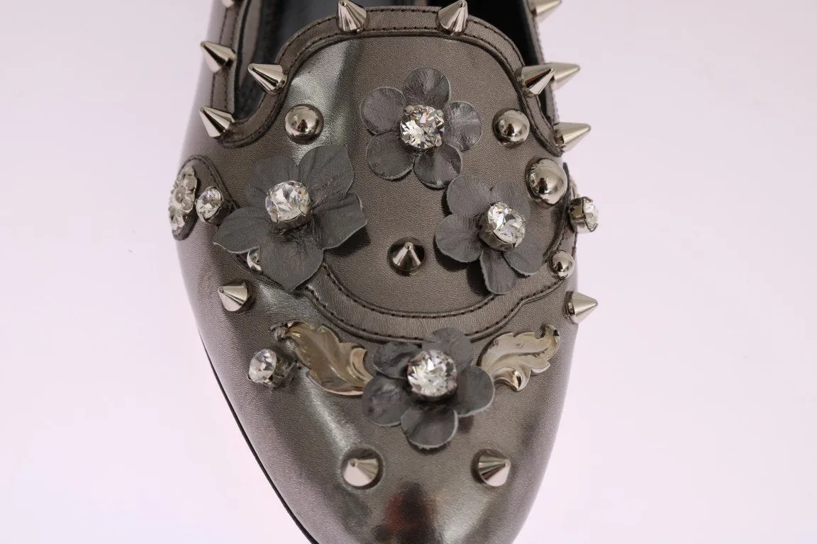 Silver Leather Studded Crystal Loafer