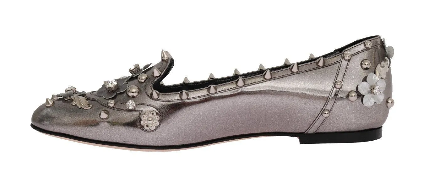 Silver Leather Studded Crystal Loafer