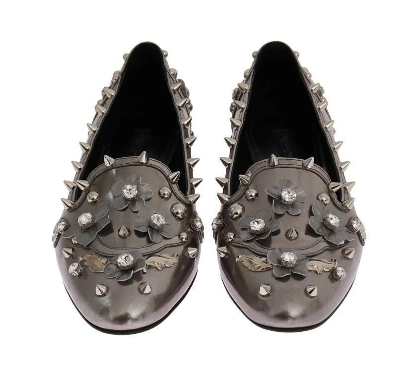 Silver Leather Studded Crystal Loafer