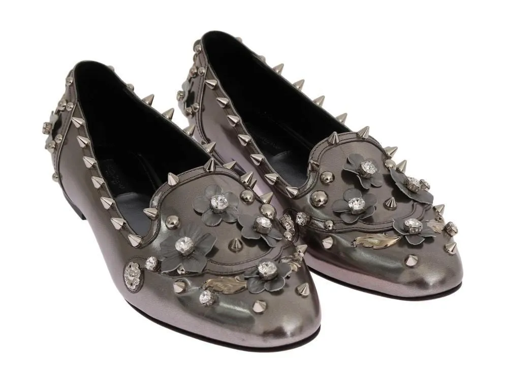 Silver Leather Studded Crystal Loafer