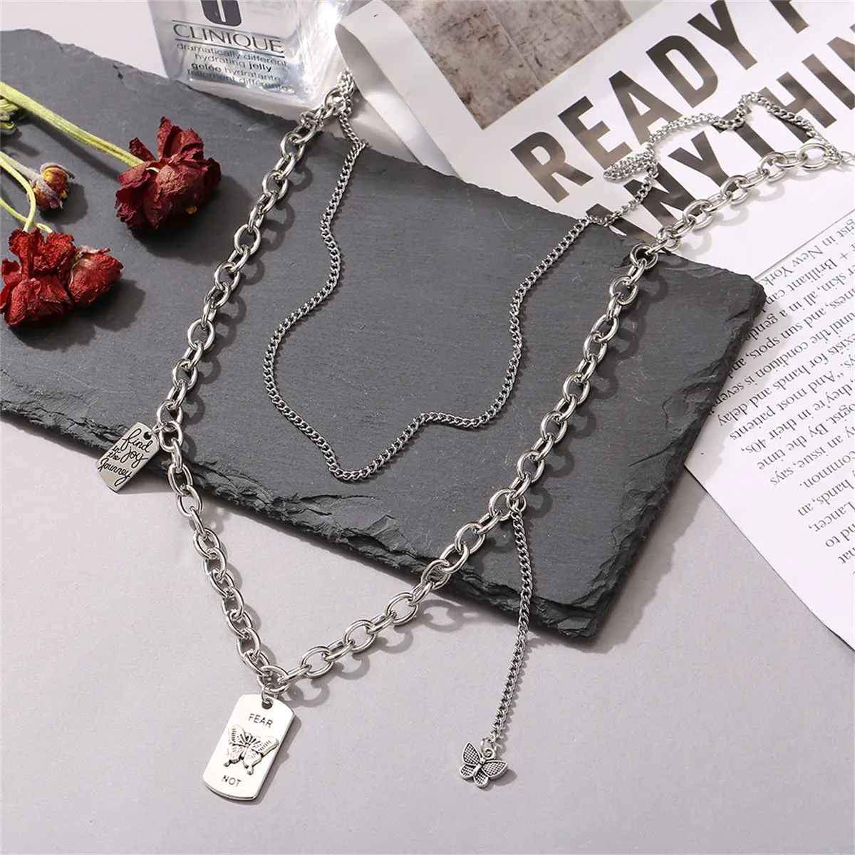 Silver-Plated Butterfly 'Change' Layered Pendant Necklace