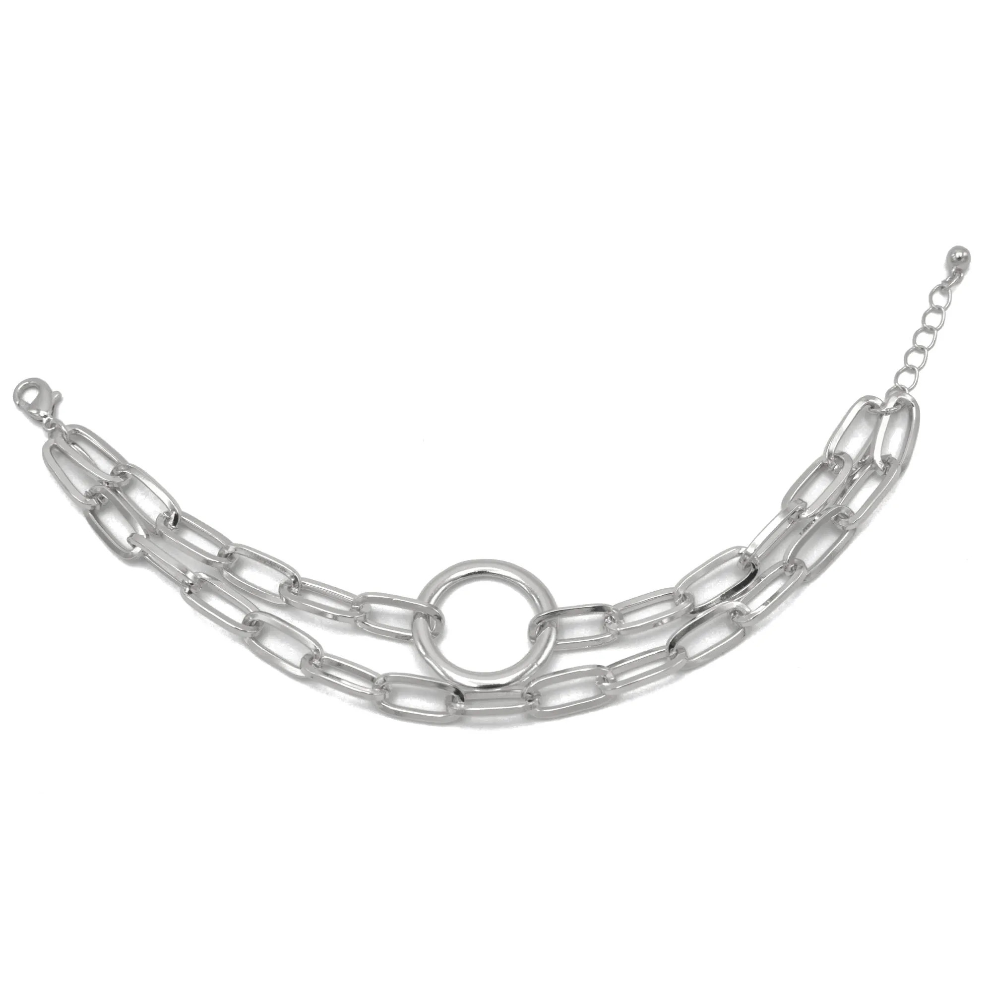 SILVER RECTANGLE LINK CHAIN AND RORUND TWO ROW BRACELET #HNB90843SL (RC15)