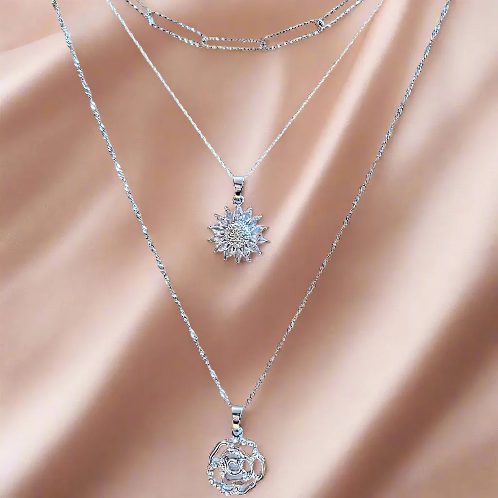 Silver Sunflower Layered Necklace Set