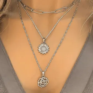 Silver Sunflower Layered Necklace Set