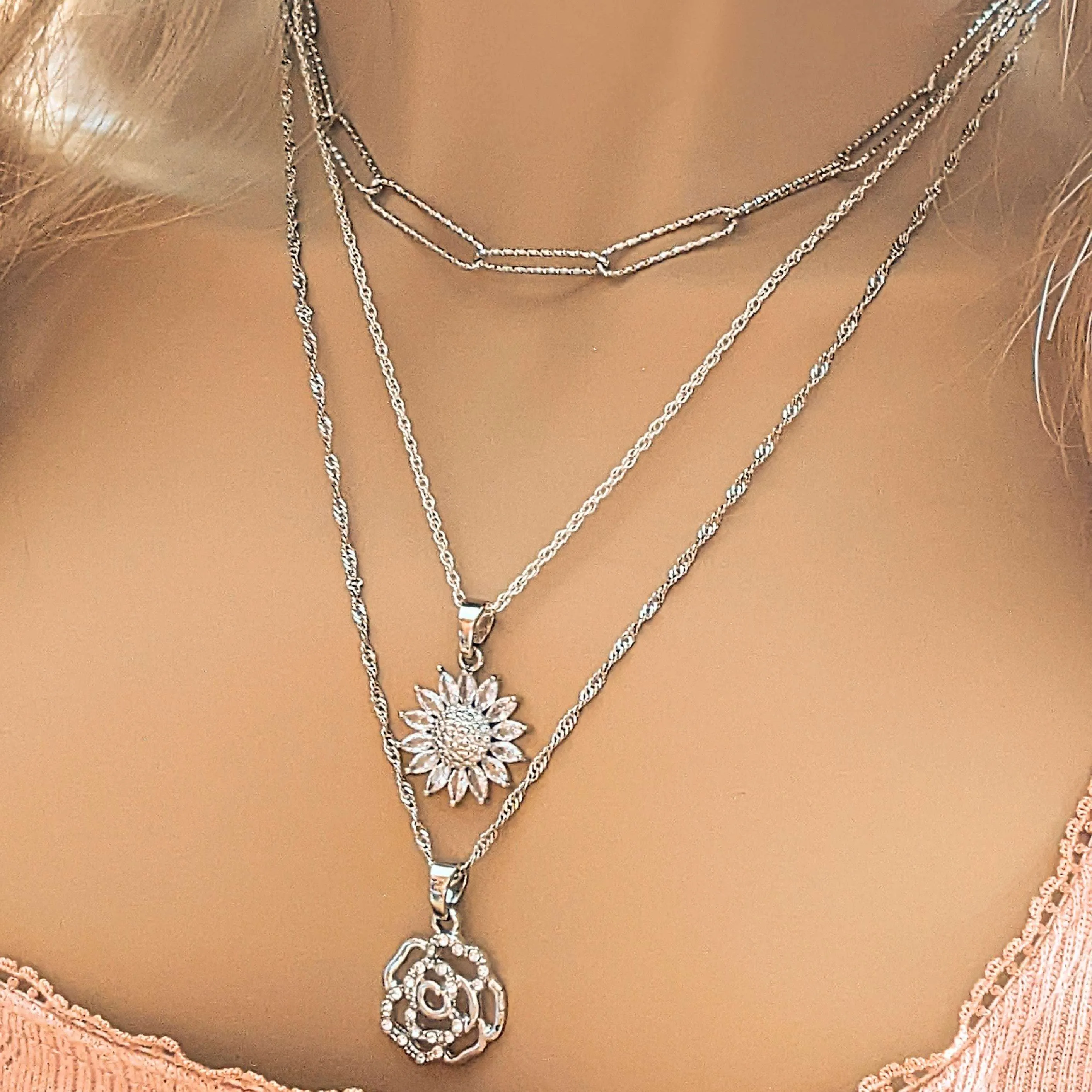 Silver Sunflower Layered Necklace Set