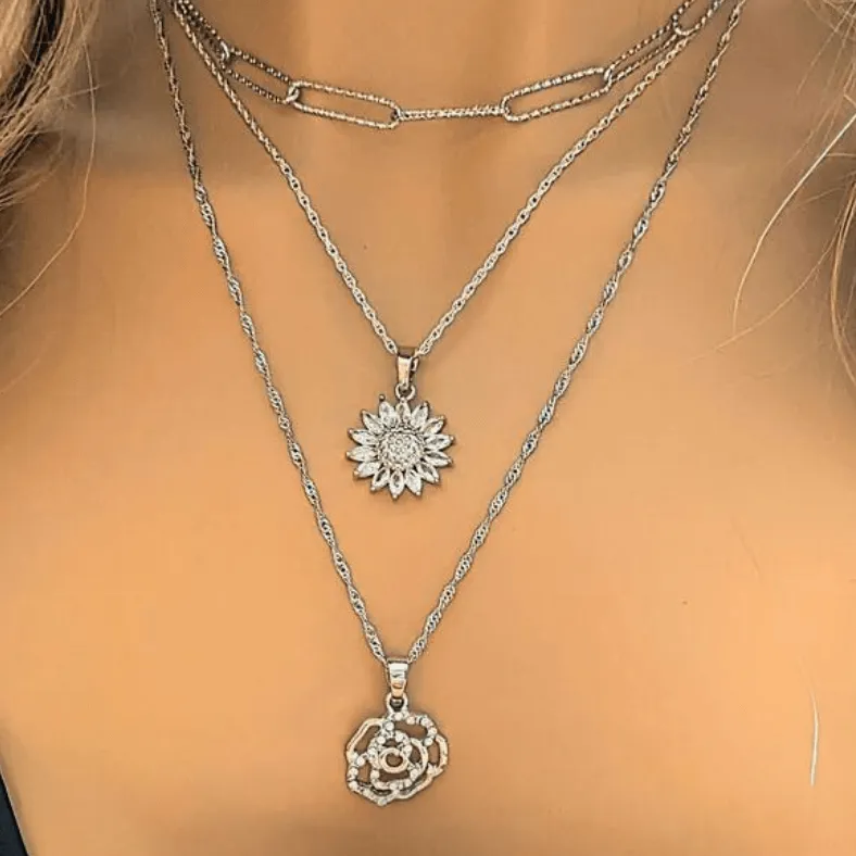 Silver Sunflower Layered Necklace Set