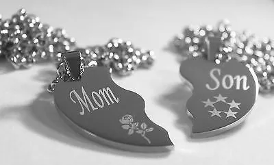 SPLIT HEART NECKLACES MOM SON SILVER STAINLESS STEEL THICK HEAVY PENDANTS