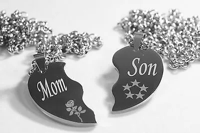 SPLIT HEART NECKLACES MOM SON SILVER STAINLESS STEEL THICK HEAVY PENDANTS