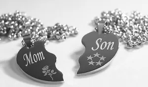 SPLIT HEART NECKLACES MOM SON SILVER STAINLESS STEEL THICK HEAVY PENDANTS