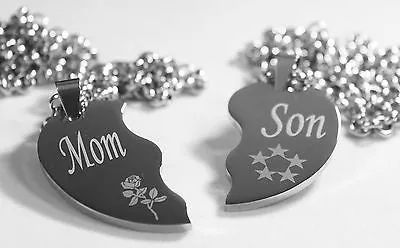 SPLIT HEART NECKLACES MOM SON SILVER STAINLESS STEEL THICK HEAVY PENDANTS