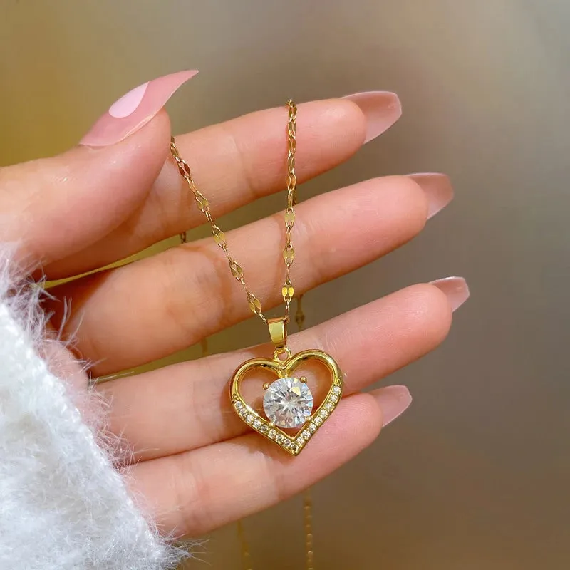 Stainless Steel Heart Pendant Necklace - Golden Lips Chain