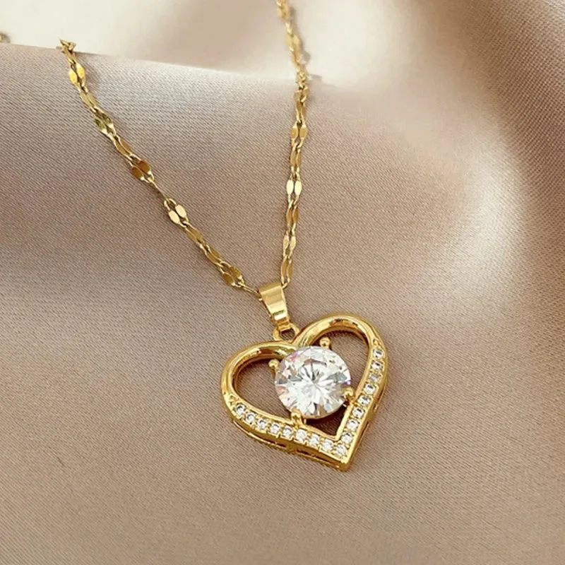 Stainless Steel Heart Pendant Necklace - Golden Lips Chain