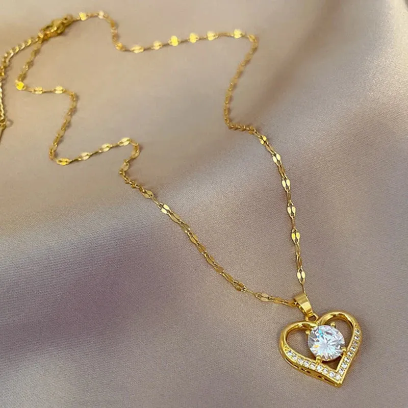 Stainless Steel Heart Pendant Necklace - Golden Lips Chain