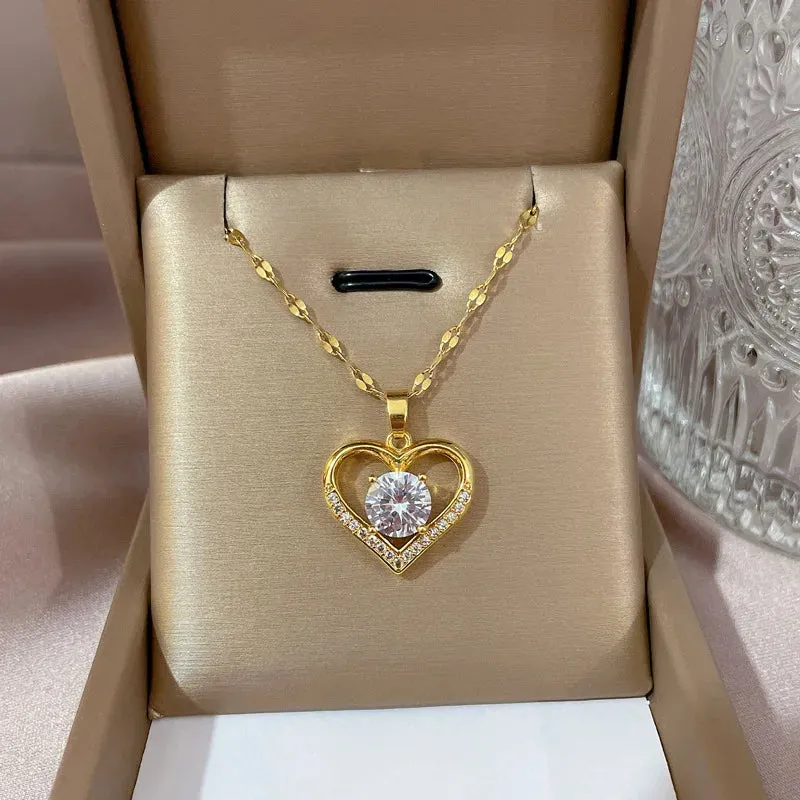 Stainless Steel Heart Pendant Necklace - Golden Lips Chain