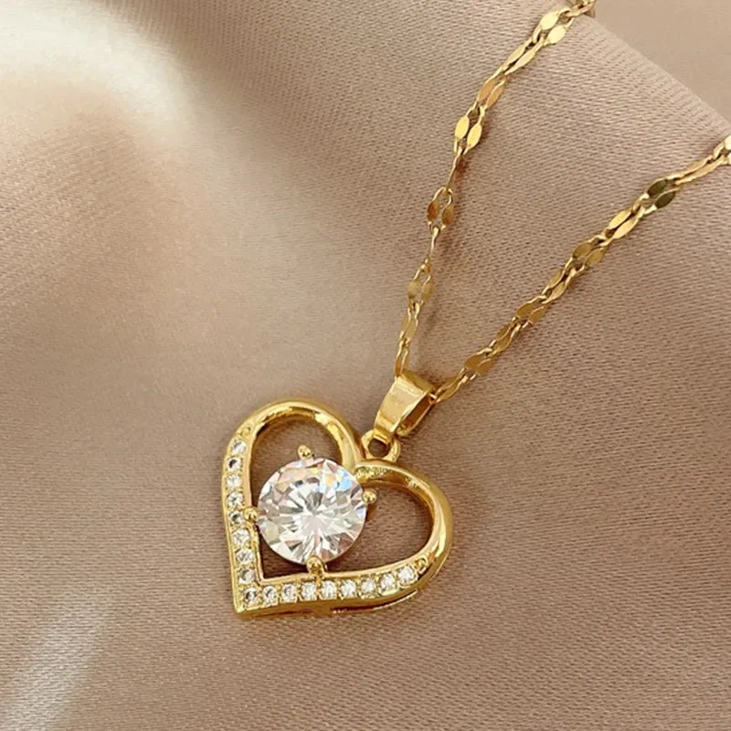 Stainless Steel Heart Pendant Necklace - Golden Lips Chain